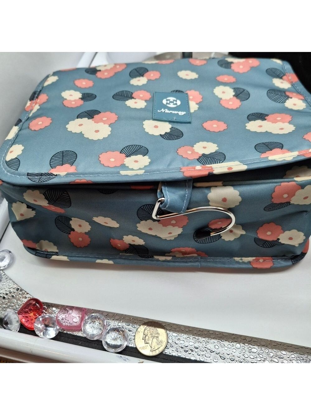 Makeup Narwey Flower Pattern Cosmetic Travel Bag by OVO - Blue and Pink